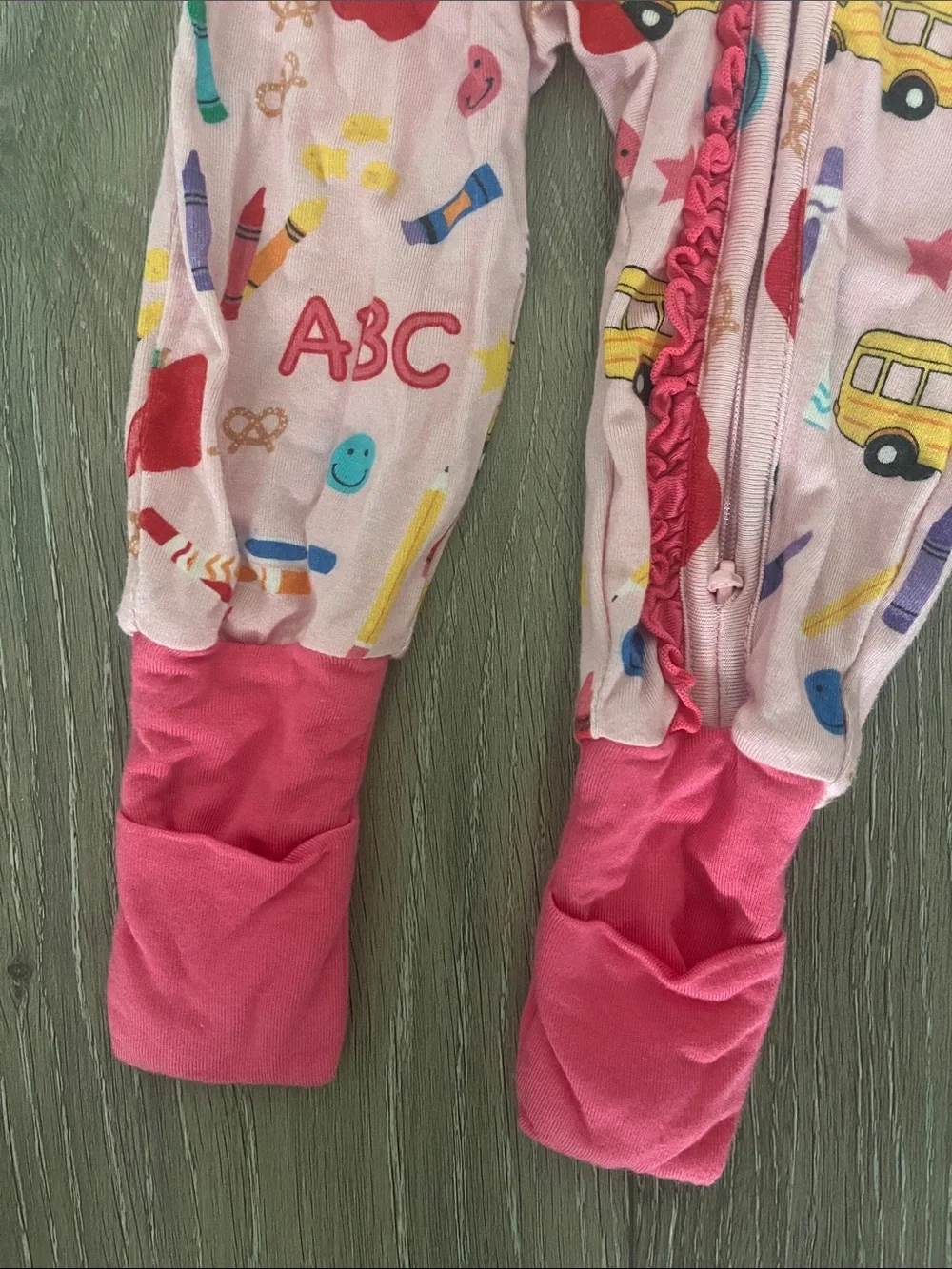 RuffleButts Pink School convertible ruffle one-piece pajama size 0-3 months